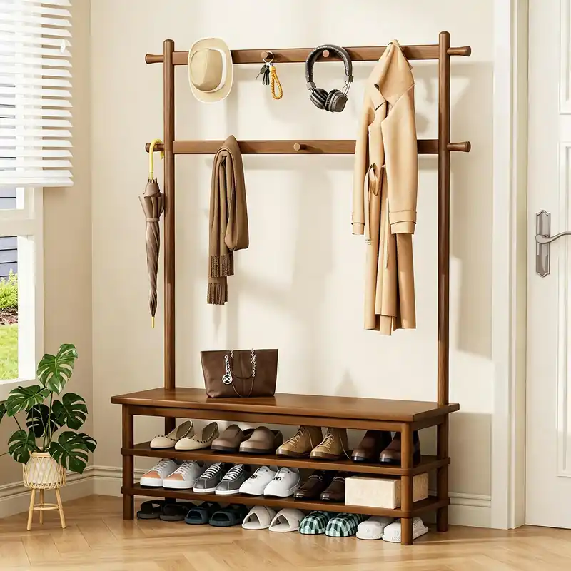 Wamhom Coat Rack, 3-in-1 Hall Tree with Bench and Shoe Storage, Entryway Bench with Shoe Storage with 11 Hooks, Freestanding Coat Rack Organizer for Mudroom, Hallway, 42.9" Long