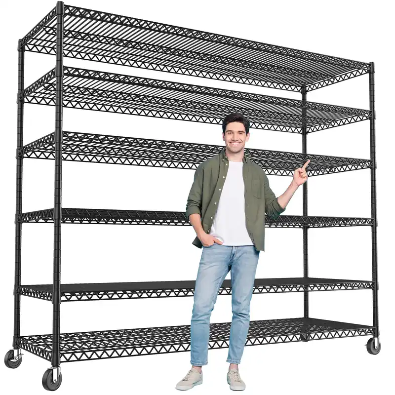 REIBII 82.6" H*60‘‘W*17.7" D Steel Heavy Duty Wire Shelving with Wheels, 6-Tier Adjustable Storage Shelves 3598LBS Commercial Metal Shelves for Pantry, Garage, College Dorm School Industrial Shelving