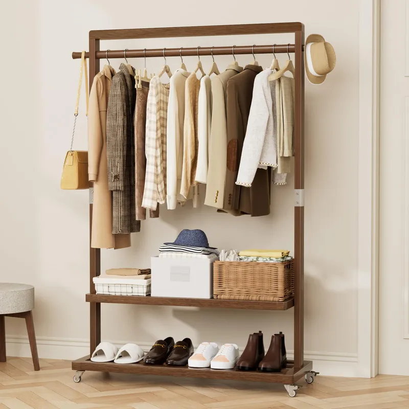 Wamhom Solid Wood Clothes Rack with Wheels 3-in-1 Freestanding Garment Rack & Coat Tree, Extra-Long Rod, Two Shelves, 220 lb Load Organizer for Bedroom & Entryway