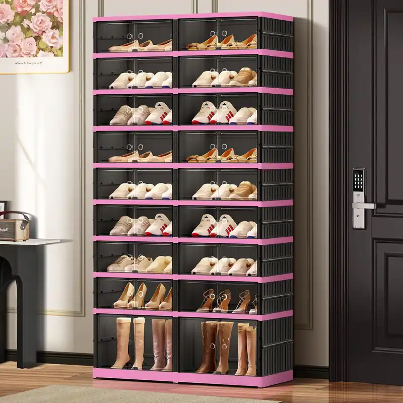 CIMLORD 9-Tier Foldable Shoe Rack Organizer for Closet,36 Pairs Collapsible Plastic Shoe Shelf,Large Shoes Cabinet with Door,Clear Stackable Storage Box Easy Assembly(Black-Pink)