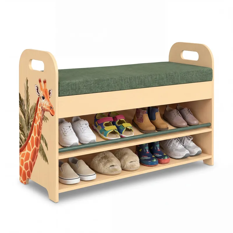 Kids & Toddler Shoe Rack with Bench Seat Solid Pine Wood 2-Tier Shoe Organizer with Hidden Storage - Safari Giraffe Design Kids Furniture - Cushioned Seat, Rounded Safety Corners, Easy Assembly