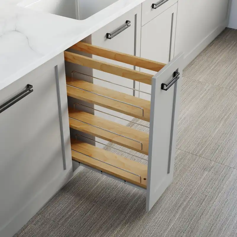 Dowell 5" Base Pull-out Spice Organizer with Adjustable Shelves for Base Kitchen Cabinet, Bottom Mounted Soft Close Slides - 4004 0524 Soft-Close Wooden Slide Out Spice