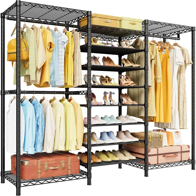 ULIFHOME E16 Heavy Duty Clothing Rack(with 7-Tier Adjustable Shoe Rack) Freestanding Clothes Rack for Hanging Clothes,Metal Closet Storage Organizer Large Wardrobe,69‘‘ W x 15.8‘‘ D x 76.2‘‘ H,Black