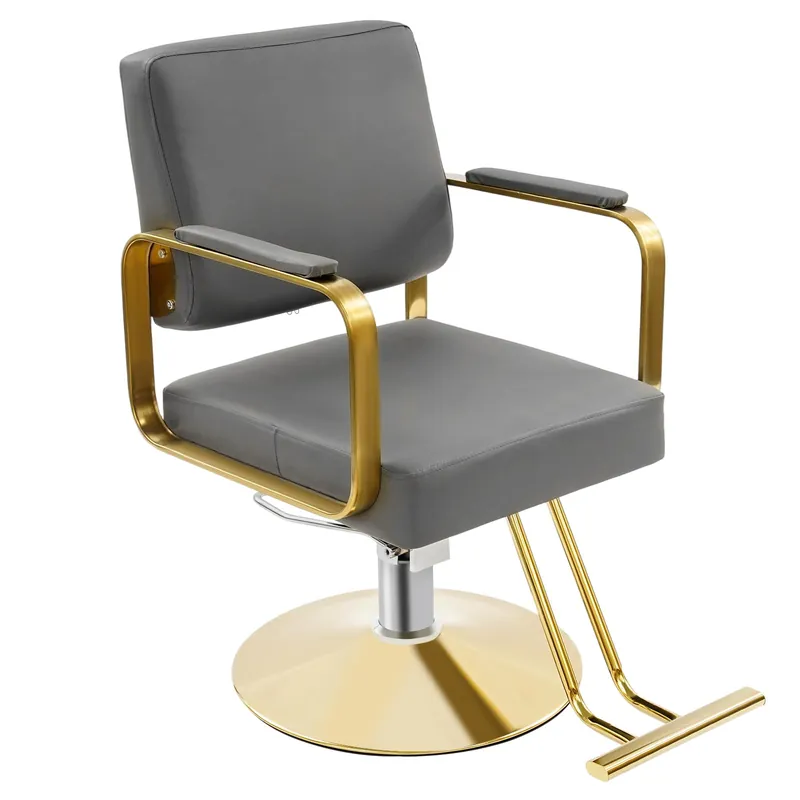 dunghLin 360° Rotatable Salon Chair, Barber Chair with Hydraulic Height Adjustable, 440lbs Multi-Function Hair Chair with Footrest & PU Cushion for Hair Salons, Barber Shops & Home (Grey + Gold)