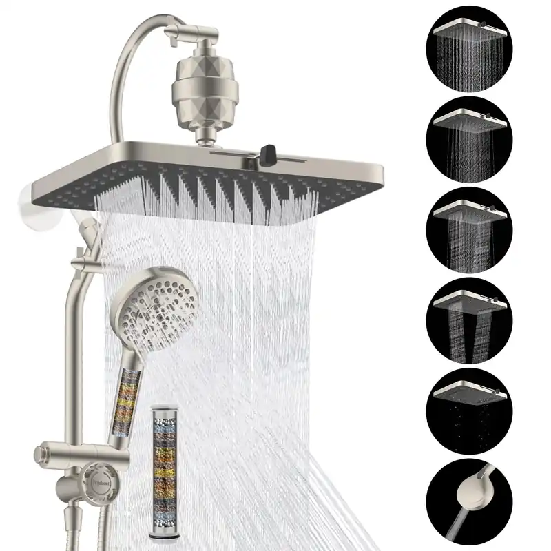 Hibbent 5-spray Dual Filtered Rainfall Shower Head Combo, High Pressure 13‘‘ Showerhead with 10 Spray Mode Handheld, Easy Reach 4-way Diverter Arm with Pause Mode, 71‘‘ Hose & Holder, Brushed Nickel