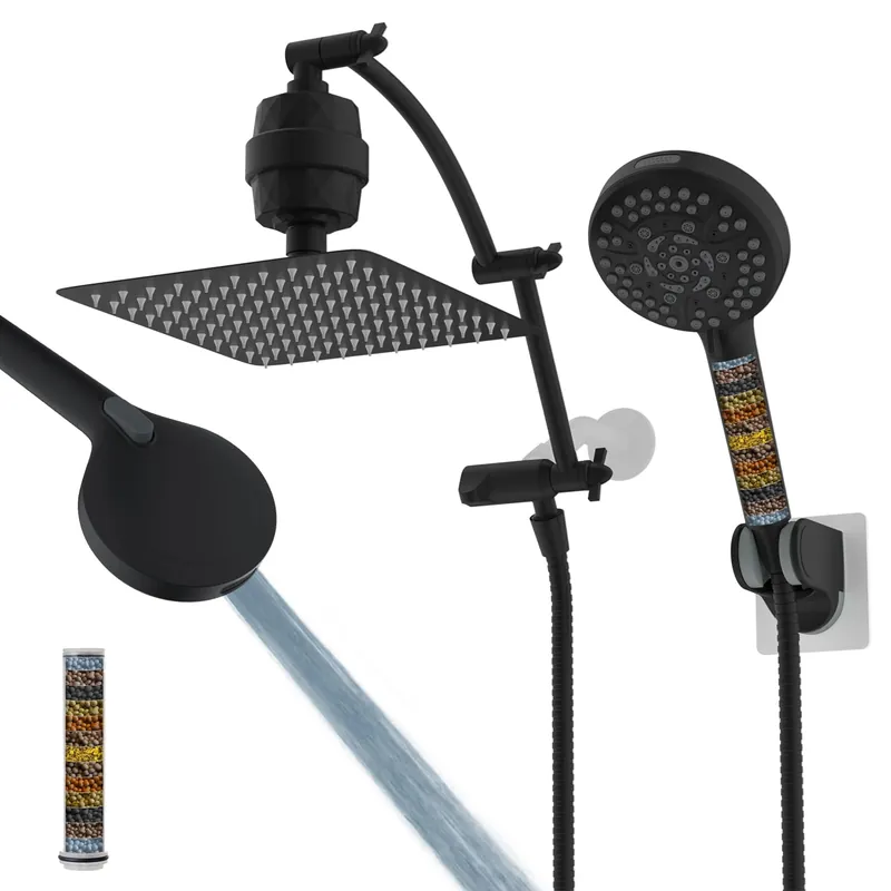 Hibbent All Metal 10‘‘ Dual Filtered Rainfall Shower Head Combo, High Pressure Handheld Shower Head with 16‘‘ Adjustable Extension Arm, 20 Stage Shower Filter, 10-spray, 71‘‘ Shower Hose, Matte Black