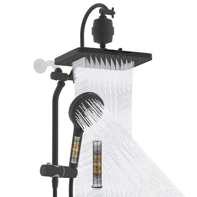 Hibbent 5-spray Filtered Rainfall Shower Head Combo, High Pressure 13‘‘ Showerhead with 10 Spray Modes Handheld, All Metal 3 way Diverter Shower Arm, 71‘‘ Hose and Holder, Oil-Rubbed Bronze