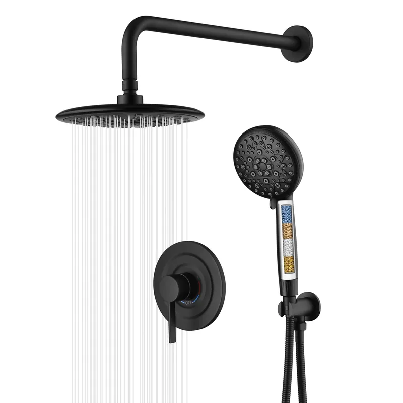 sumerain Matte Black Shower System, Handheld Showerhead with Filters for Hard Water, 9" High Pressure Multiple Modes Rain Shower Head, Valve Included