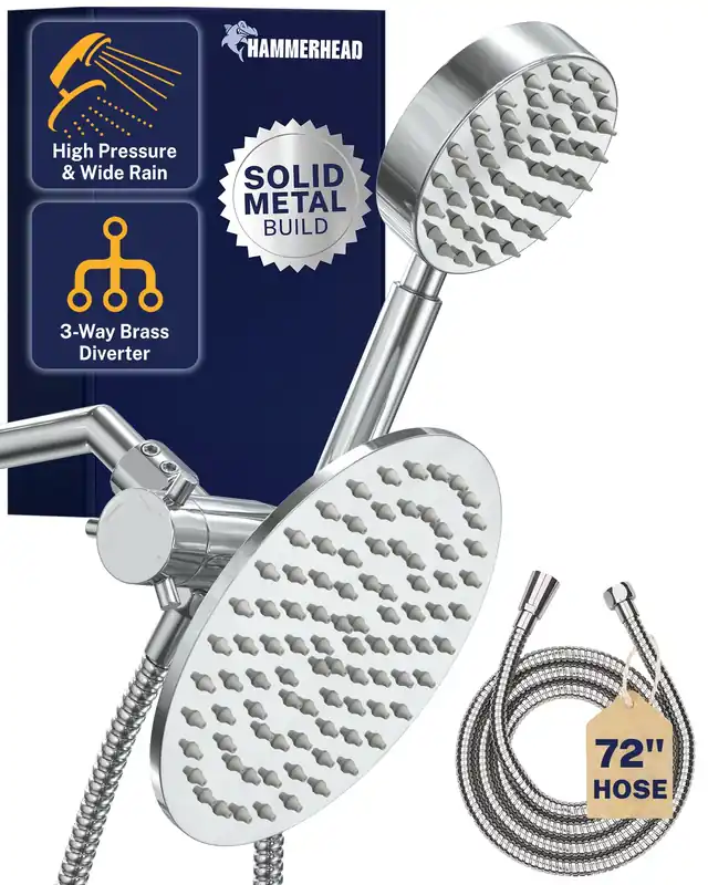 HammerHead Showers® Solid Metal Dual Shower Head Combo – CHROME – 8 Inch Rainfall High Flow Shower Head & Handheld Shower Head High Pressure with Hose 6ft - Hotel-Like Double Shower Heads