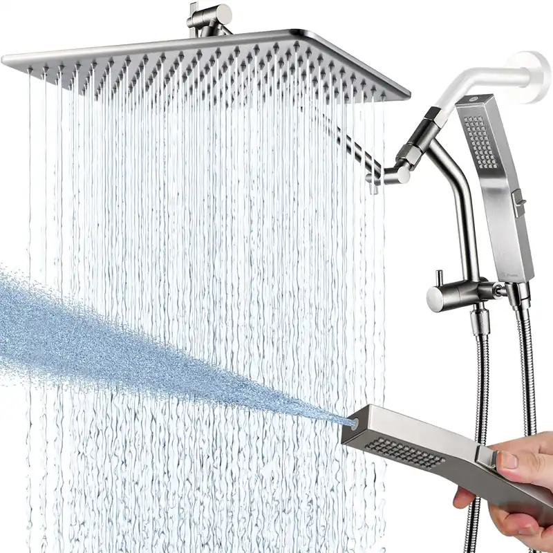 G-Promise All Metal 14 Inches Rain Shower Head with Handheld Built-in Power Wash Mode, 3-way Diverter with Pause Setting, 11 Inches Adjustable Extension Arm, Long Hose (Brushed Nickel, 14 Inches)