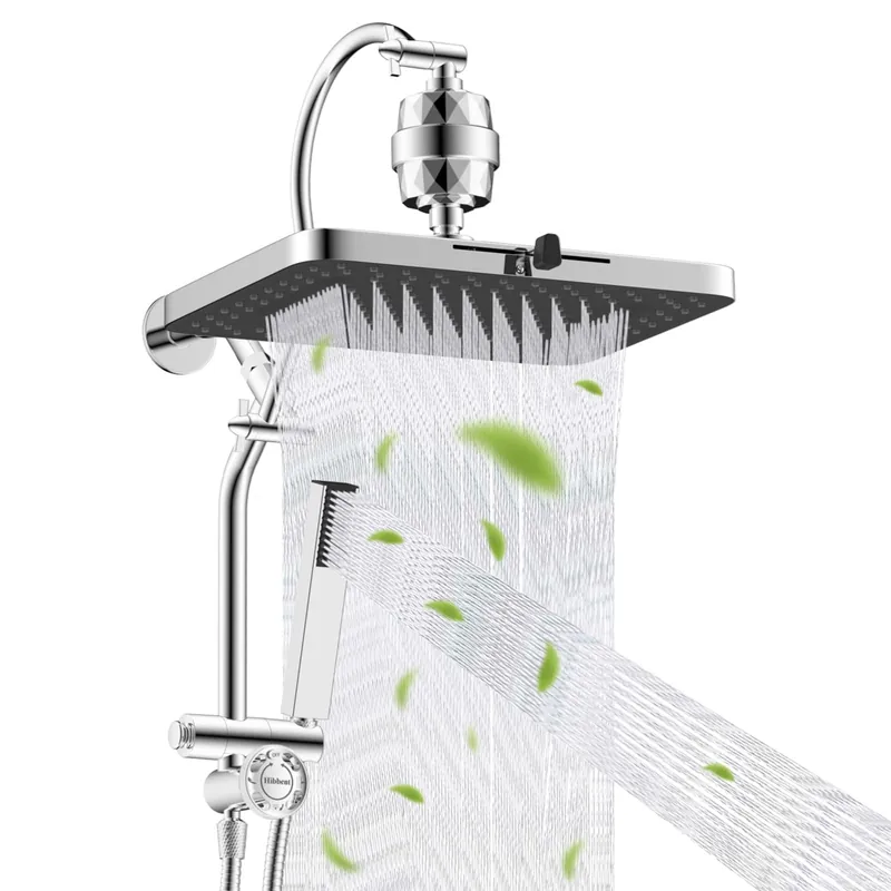 Hibbent 5-spray Filtered Rainfall Shower Head Combo, High Pressure 13‘‘ Showerhead with Stainless Steel 4 Spray Modes Handheld, All Metal 4-way Diverter Arm with Pause Mode, 71‘‘ Hose & Holder, Chrome