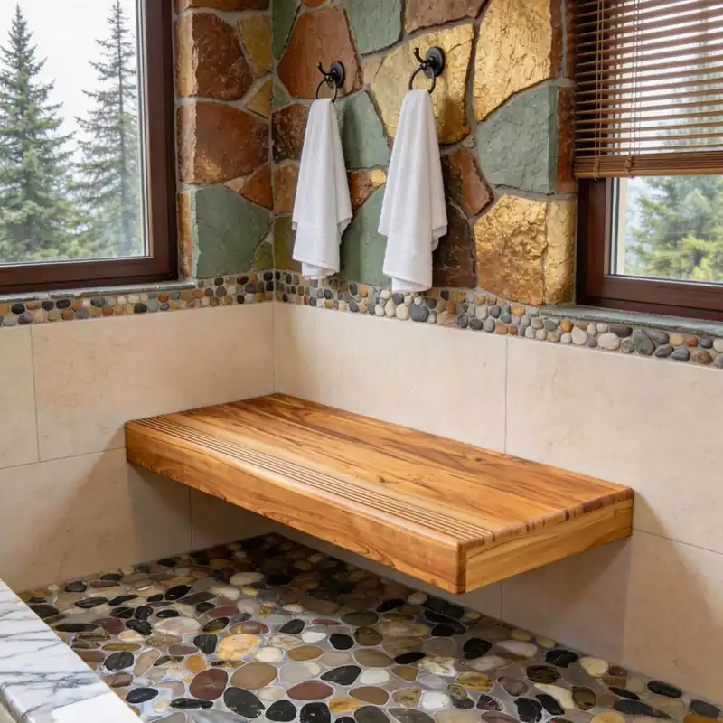 Minimalist 24″Floating Teak Shower Bench Warm, Easy to Install (No Tile!), Holds 670 lbs for a Modern Bathroom.