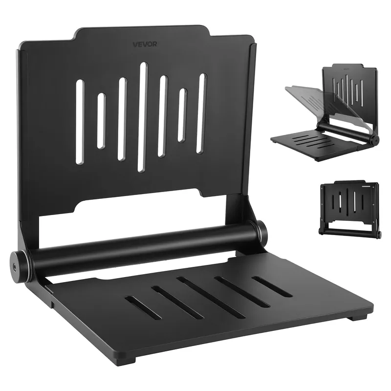VEVOR Foldable Shower Seat Wall Mounted, 17.8" Folding Shower Bench with Supportive Backrest, Plastic Fold-Down Bathroom Corridor Seat with Stainless Steel Frame for Adults Seniors, 400LBS Loading