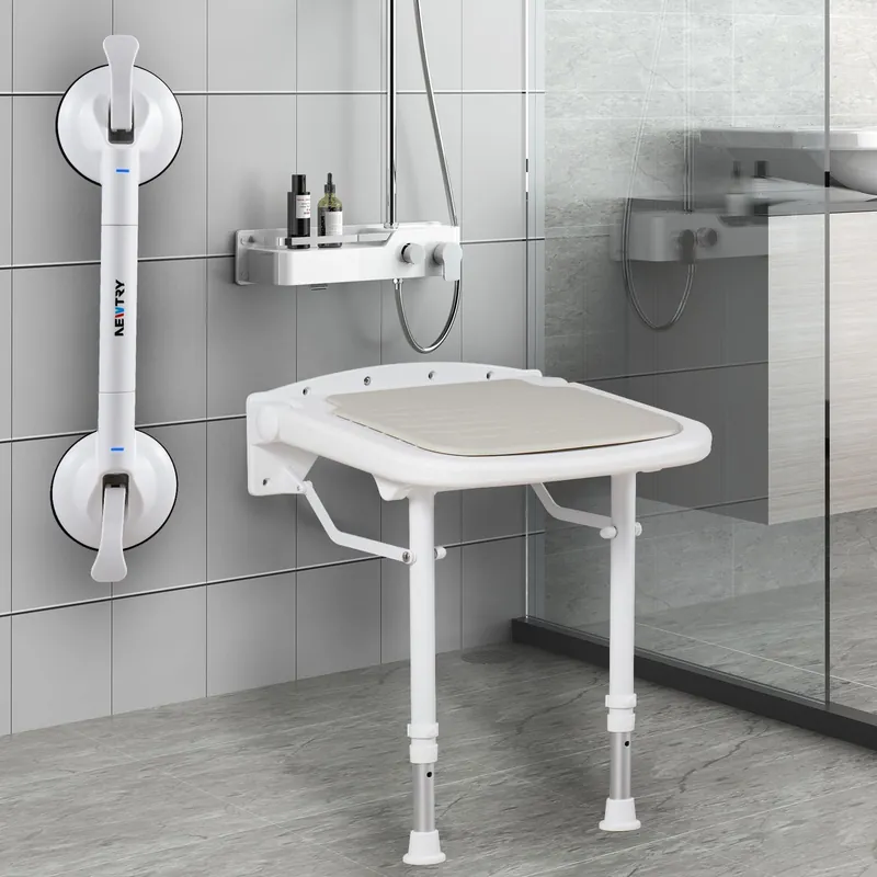NEWTRY 15" Folding Shower Seat Wall Mounted with Bathroom Grab Bar, 550lb Fold Down Shower Seat Adjustable Height Foldable Shower Chair with Smart Suction Cup Handrail for Home Care & Bathroom