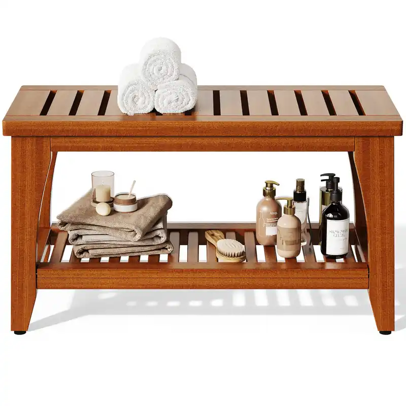 Jekruiet 30" Premium Solid Teak Shower Bench with Storage Shelf - 450 lbs Capacity, Waterproof & Non-Slip Seat for Bathroom, Poolside, Spa