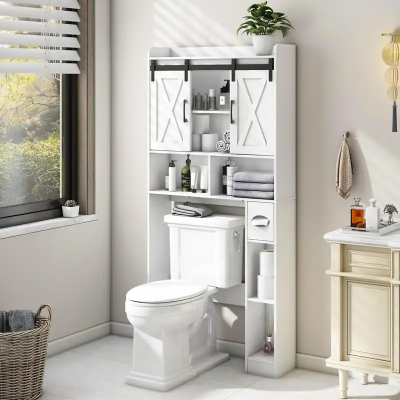 Vabches Over The Toilet Storage Cabinet, Farmhouse Storage Cabinet Over Toilet with Sliding Doors,Home Space-Saving Toilet Rack, for Bathroom, Restroom, Laundry