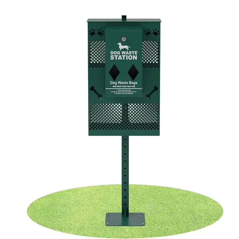 Flash Furniture Kessler Compact Dog Waste Station with Rectangular Lidded Trash Can and Locking Roll Waste Bag Dispenser, Green