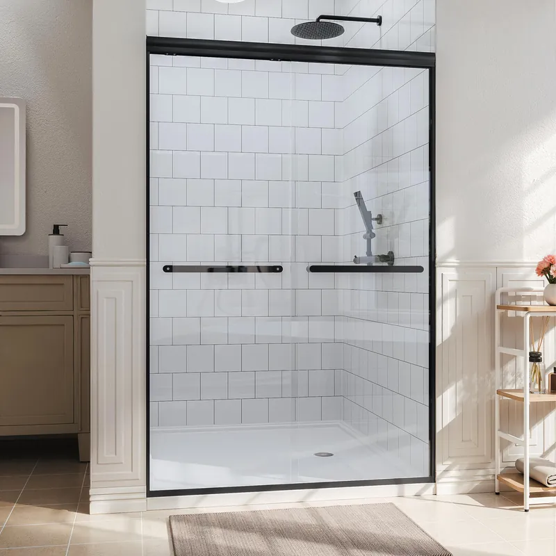 Kullavik Shower Door 44-48‘‘ W x 72‘‘ H Semi-Frameless Bypasss Bathroom Glass Shower Double Sliding Doors,1/4‘‘ (6mm) Clear SGCC Tempered Glass with Explosion-Proof Film,Black