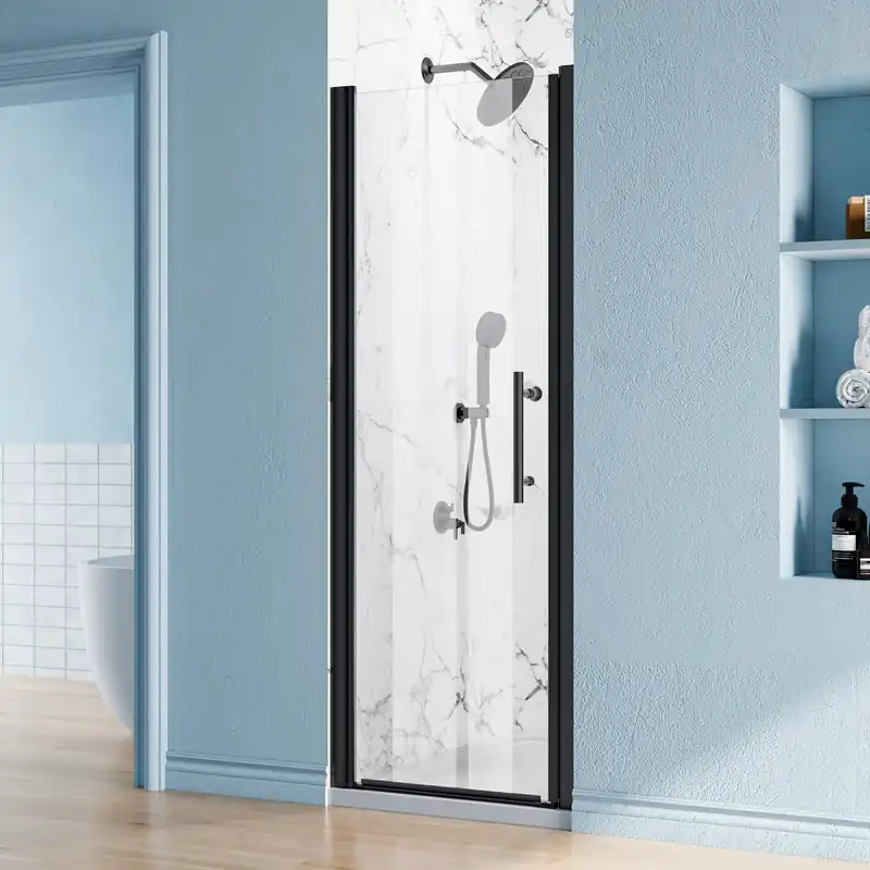 26-27.5" W x 68" H Frameless Pivot Shower Door, 1/4" (6mm) Clear SGCC Tempered Glass Bathroom Shower Door, Matte Black Swing Shower Door with Stainless Handle, Reversible Installation