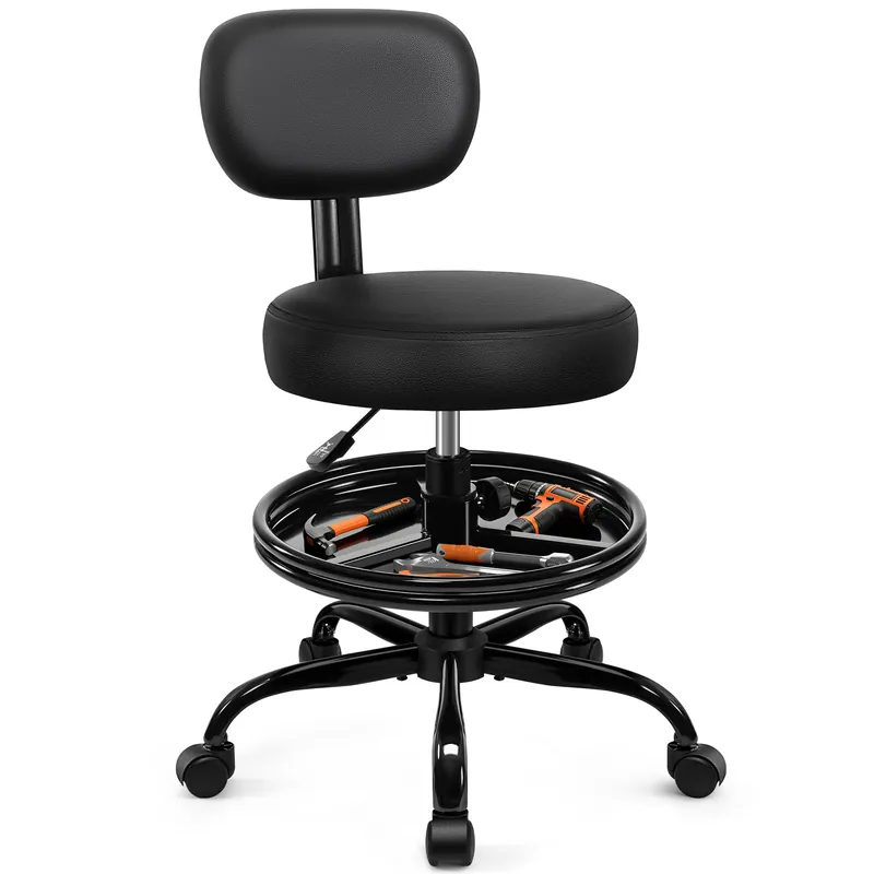 Shop Stool with Wheels for Garage, Mechanics Rolling Chair with Backrest, Adjustable Height Heavy Duty Garage Stool with Footrest and Storage Tray, Swivel Task Chair for Workshop Kitchen Salon