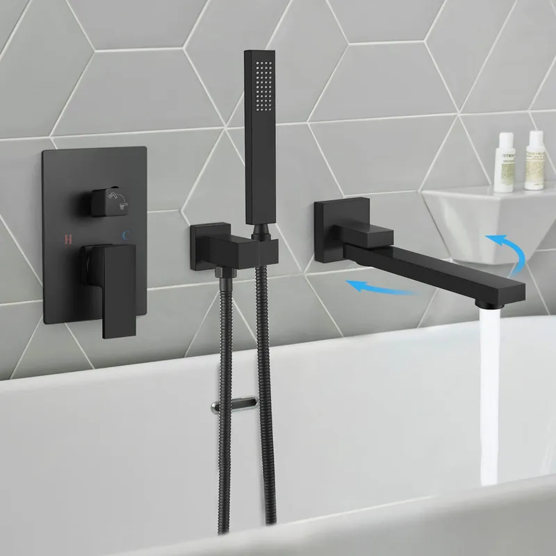 gotonovo Wall Mounted Bathtub Faucet with Hand Held Sprayer,Tub Shower Faucet Set,Single Handle Bathroom Shower System Mixer for Tub,Rough-In Valve Included Swivel Tub Spout Matte Black