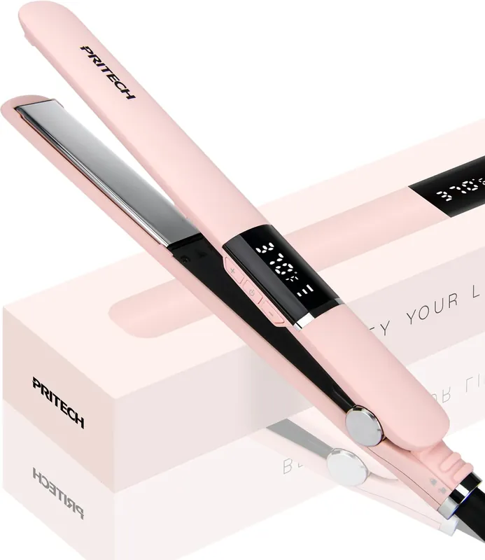 PRITECH Flat Iron Hair Straightener, Titanium Flat Iron with Adjustable Temp(290°F-450°F), 1 inch Plate for All Hairstyles Anti-Frizz Dual Voltage Straightening and Curler 2 in 1 (Pink)