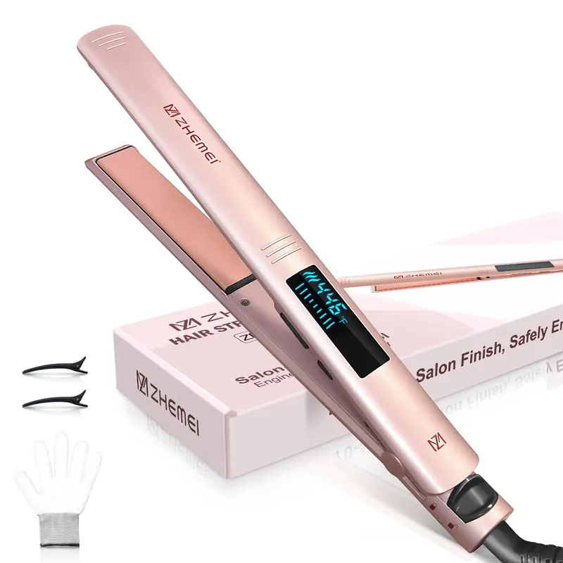 ZM ZHEMEI Hair Straightener, 1 Inch Flat Iron Hair Straightener with LED Display, Professional PTC Ceramic Negative Ion Hair Iron Dual Voltage for Women Hair, Heats up to 446°F, 6 Temps (Rosegold)