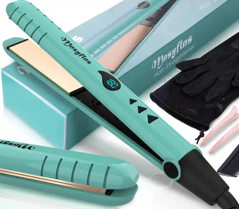 Mnsyflns 2 in 1 Hair Straightener and Curler-15s Fast Heating Ceramic Flat Iron, LCD Temp Display, Wide Plates for Short/Long Hair, Portable Travel Straightener with Heat-Resistant Glove & Clips,Green