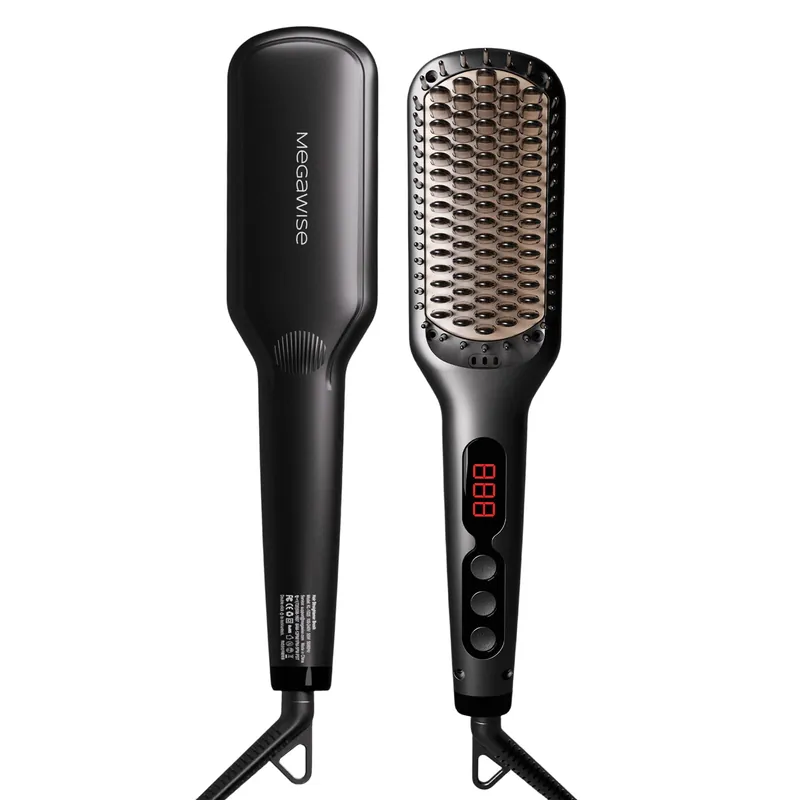 MEGAWISE Pro Ceramic Ionic Hair Straightener Brush for Home Salon MCH Fast 20s Heating Tech with Auto-Off Safety Anti-Scald with Universal Dual Voltage Rotatable Power Cord (Black)