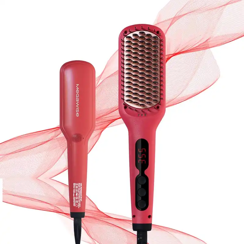 Megawise Pro Ceramic Ionic Hair Straightener Brush – Fast 20s Heating, Auto-Off, Anti-Scald, Dual Voltage, Rotatable Power Cord – Home Salon Styling (Tomato Red)