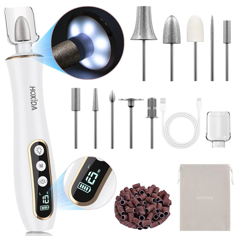 Hoxida Cordless Electric Nail Drill 10-Speed Professional Nail File with 360° LED Light for Manicure Shaping & Gel Removal, Nail Art Practice Essentials,Home DIY & Portable Travel Use