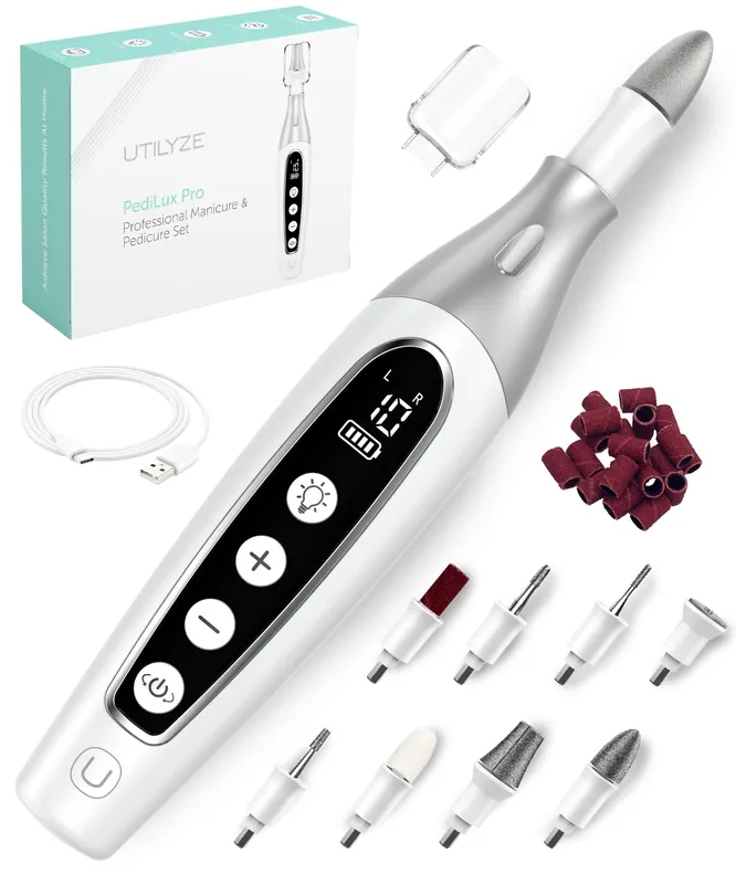 PediLux Pro Professional Manicure Pedicure Kit, Cordless Electric Nail File Drill Set, Thick Toenail Grinder, Toe Nail Dremel Tools, Filer, Buffer, Sander, Remove Cuticles, Callus for Men & Women