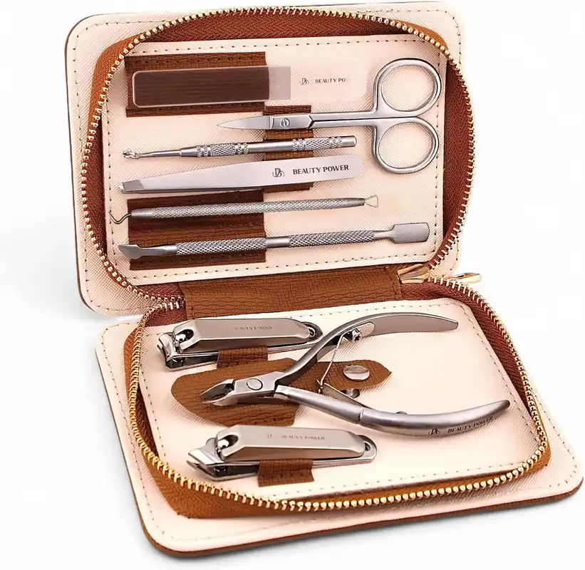 Beauty Power 9 in 1 Professional Manicure Pedicure Set - Stainless Steel Nail Clippers, Nano File, Cuticle Nipper, Scissors, Tweezers, Travel PU Leather Case for Men & Women - Gift Idea - Brown