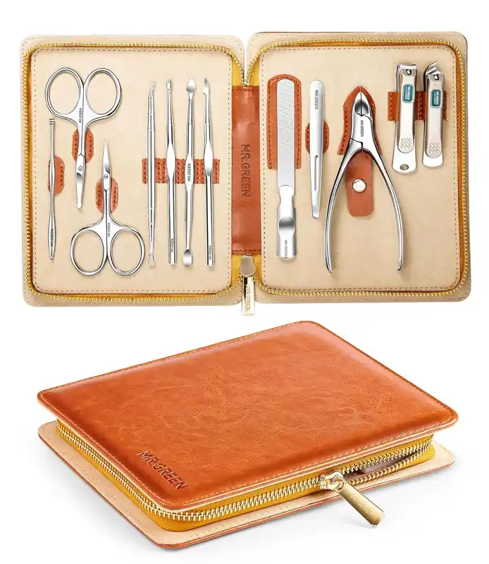 MR.GREEN 12-in-1 Manicure & Pedicure Set – Professional German Stainless Steel Nail Clippers,Cuticle Tools & Nail Care Kit, Travel Grooming Kit for Men & Women with Leather Case (Caramel Brown))