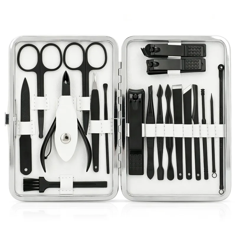 Manicure Set, Jubolion 19pcs Stainless Steel Professional Nail Clippers Pedicure Set with Black Leather Storage Case, Portable Grooming Kit for Travel or Home, Perfect Gifts Women and Men (Black)