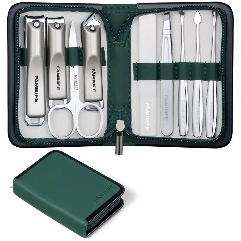 FAMILIFE Manicure Kit for Women, 9 Pcs Carbon Steel Nail Grooming Kit with Compact Case, Stylish Green Travel Manicure Set for Home, On-the-Go Care, Daily Use Nail Clipper Set (Green)