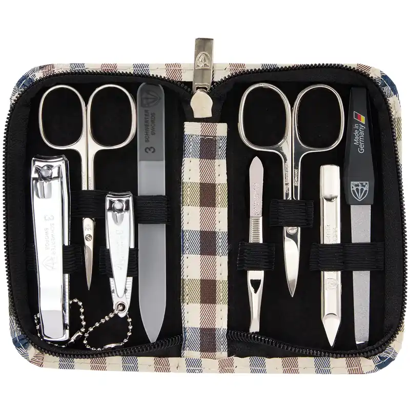 3 Swords Germany - brand quality 8 piece manicure pedicure grooming kit set synthetic leather case chequered - Made in Germany