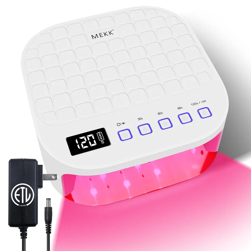 MEKK Cordless UV LED Nail Lamp, 54W UV Light for Gel Nails with Hand-Friendly Red Light, Auto Sensor Professional Flash Cure Lamp with Rotatable LCD Display for Salon and Home, Checkered Design, White