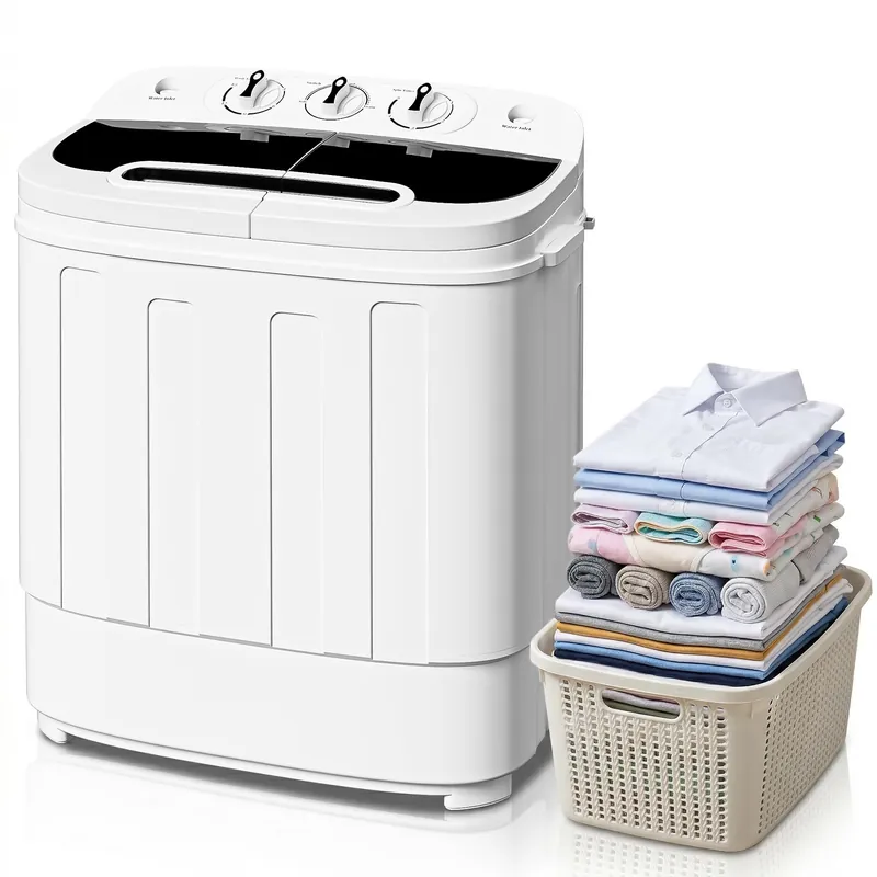 SUPER DEAL Compact Mini Twin Tub Washing Machine 13lbs Capacity Portable Washer Wash and Spin Cycle Combo, Built-in Gravity Drain for Camping, Apartments, Dorms, College, RV’s and Small Spaces