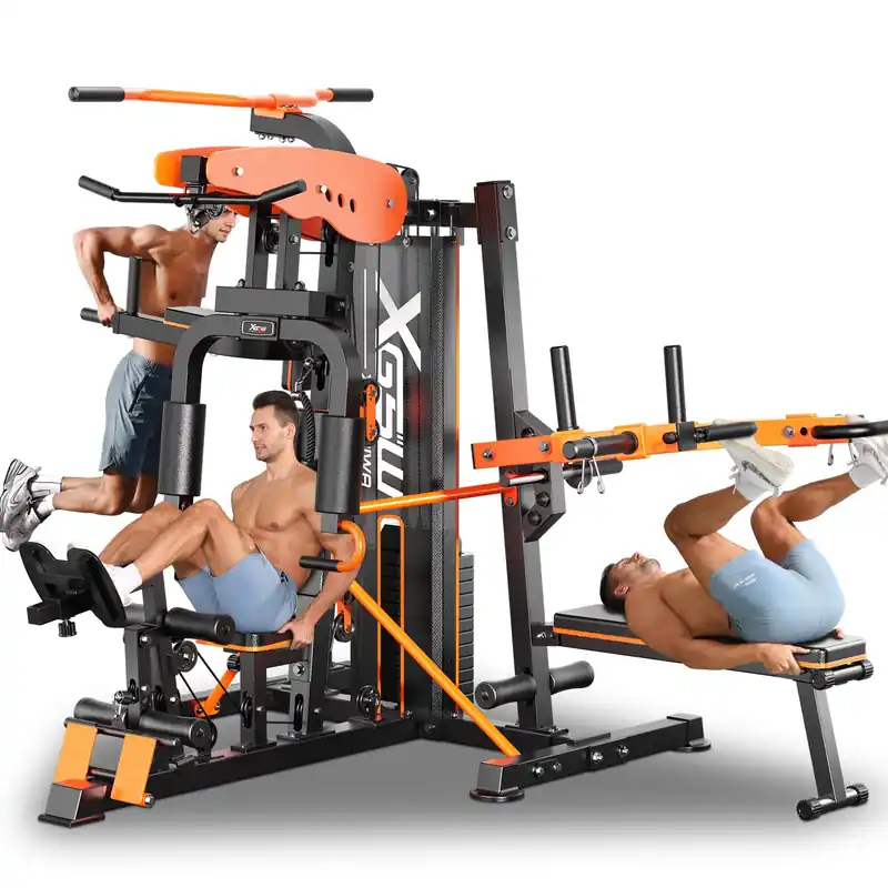 XGSW Multi-Function Home Gym Workout Station, Featuring a Pulley System, arm Trainer, and Leg Trainer for Full-Body Workouts. (L03-3【154LBS】 Three-Person Fitness Station Only)