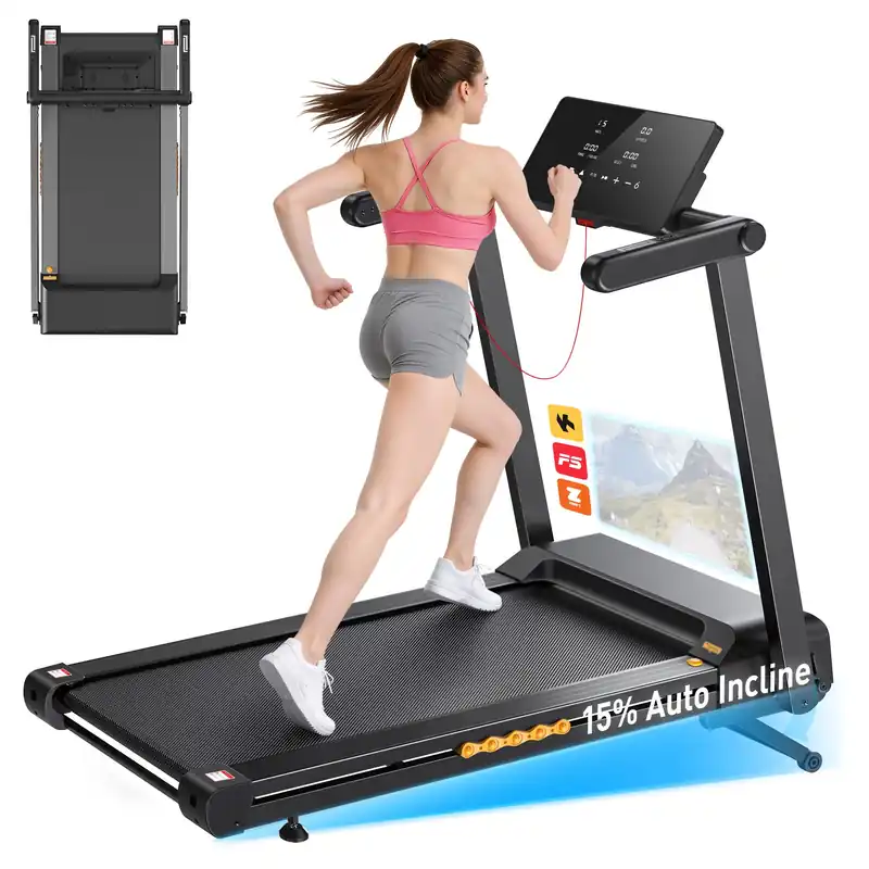 JAGJOG Treadmill for Home with 15% Auto Incline, 3.5HP Quiet Foldable Treadmill, 12 HIIT Programs, 14.96" Wide LED Touchscreen, Smart App & Heart Rate, 300 LBS Capacity, Fully Assembly(Black