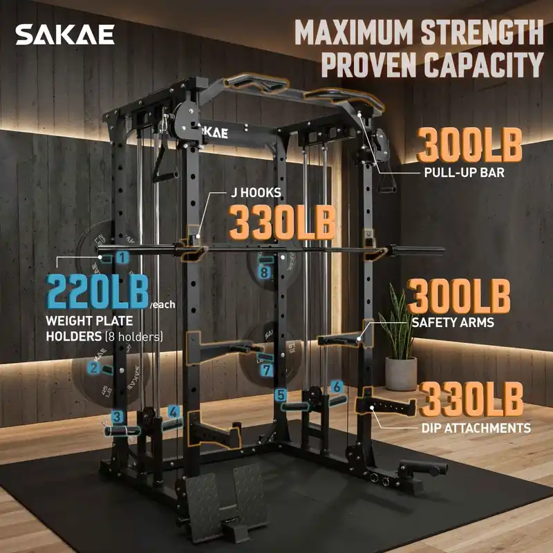 SAKAE Multi-Function Squat Rack with Cable Crossover System, Power Rack with LAT Pull Down, Pull-Up Bar, Dip Bars, Weight Bench, 260 LB Bumper Plates, 7 FT Olympic Bar & Training Attachments