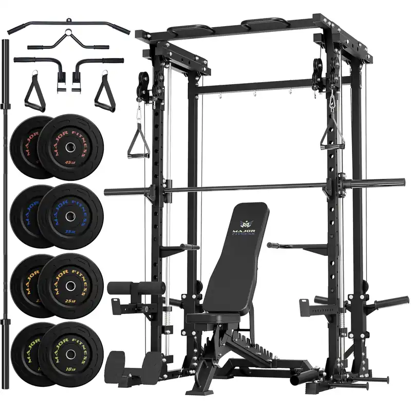 MAJOR FITNESS Drone3 Smith Machine, 2500lbs All-in-One Home Gym Power Rack with Dual Pulley System for Cable Crossover, Pull-Up Bars (D3SMS-BK (with Bench Elite BLK & 230LB BLK BP & Bar))