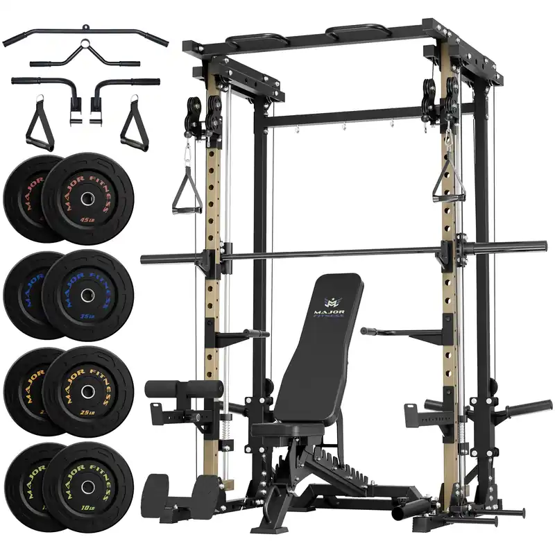 Major Fitness Drone3 Smith Machine, All-in-One Home Gym Squat Rack with Cable Crossover & Pull-Up Station, Heavy-Duty Strength Training (D3SMS-KHA (with Bench Elite BLK & 230LB BLK BP)