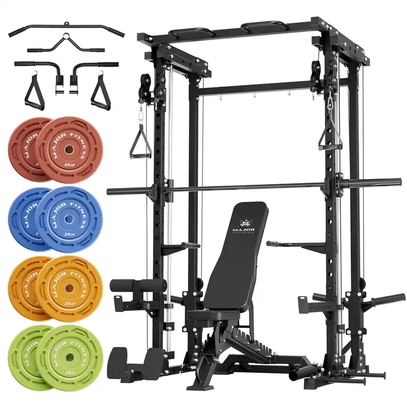 Major Fitness Drone3 Smith Machine, All-in-One Home Gym Squat Rack with Cable Crossover & Pull-Up Station, Heavy-Duty Strength Training (D3SMS-BLK (with Bench Elite BK & 230LB CLR BP-NEW)