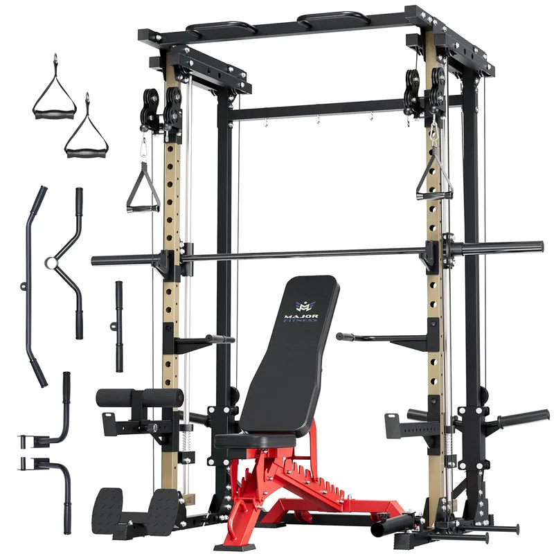Major Fitness Drone3 Smith Machine All-in-One Home Gym Squat Rack with Cable Crossover & Pull-Up Station, Heavy-Duty Full-Body Workout for Strength Training (D3SMS-KHA (with Bench Elite RD)