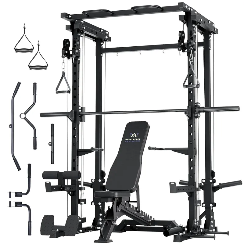 Major Fitness Drone3 Smith Machine with Weight Bench, All-in-One Home Gym Squat Rack with Cable Crossover & Pull-Up Station, Heavy-Duty Full-Body Workout for Strength Training, Black