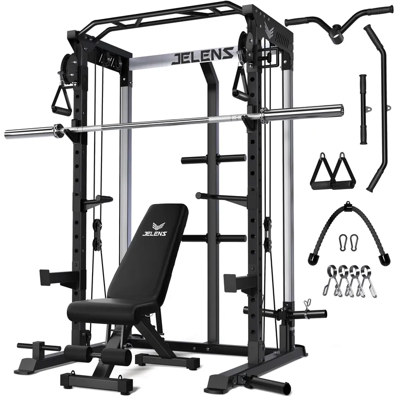 JELENS C21 Power Cage, 2000LBS Multi-Function Power Rack with Independent Dual Pulley System, All-in-One Squat Rack for Cable Crossover, Home Gym Workout Machine (Black, Bundle Set)