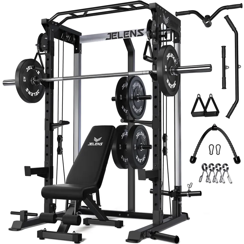 JELENS C21 Power Cage, 2000LBS Multi-Function Power Rack with Independent Dual Pulley System, All-in-One Squat Rack for Cable Crossover, Home Gym Workout Machine (Black,140LBS Black Weights Package)