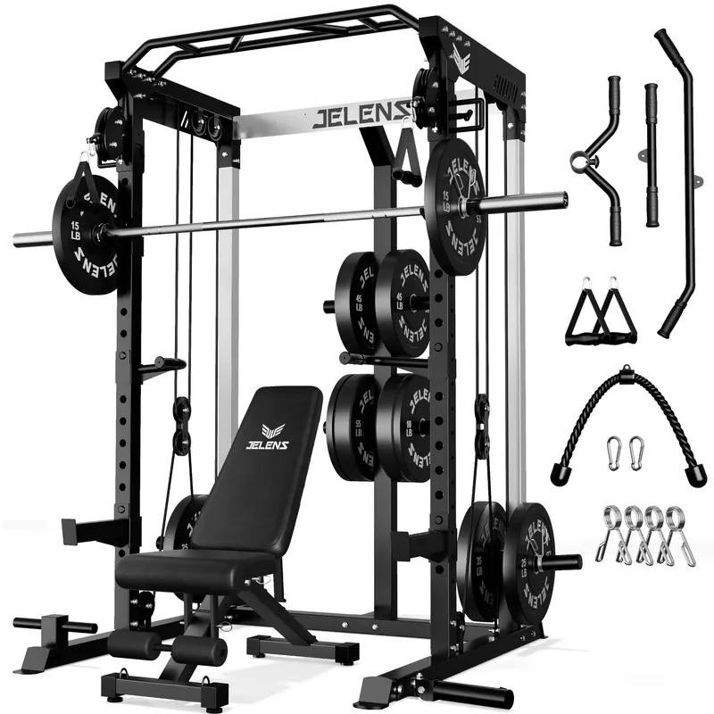 JELENS C21 Power Cage, 2000LBS Multi-Function Power Rack with Independent Dual Pulley System, All-in-One Squat Rack for Cable Crossover, Home Gym Workout Machine (Black, 370LBS Black)